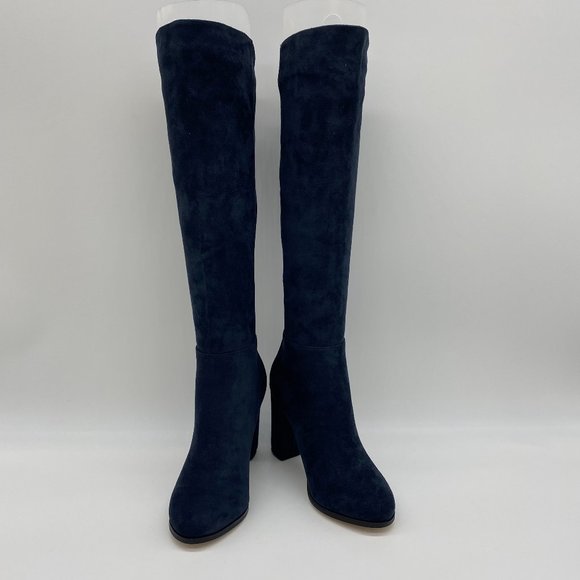 Shoes - Navy Over The Knee Chunky Heels Stretch Thigh Boot